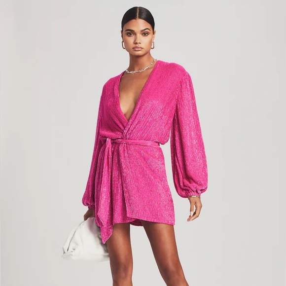 Retrofete Gabrielle Sequin Robe Wrap Dress in Hot Pink - M - Picture 1 of 6